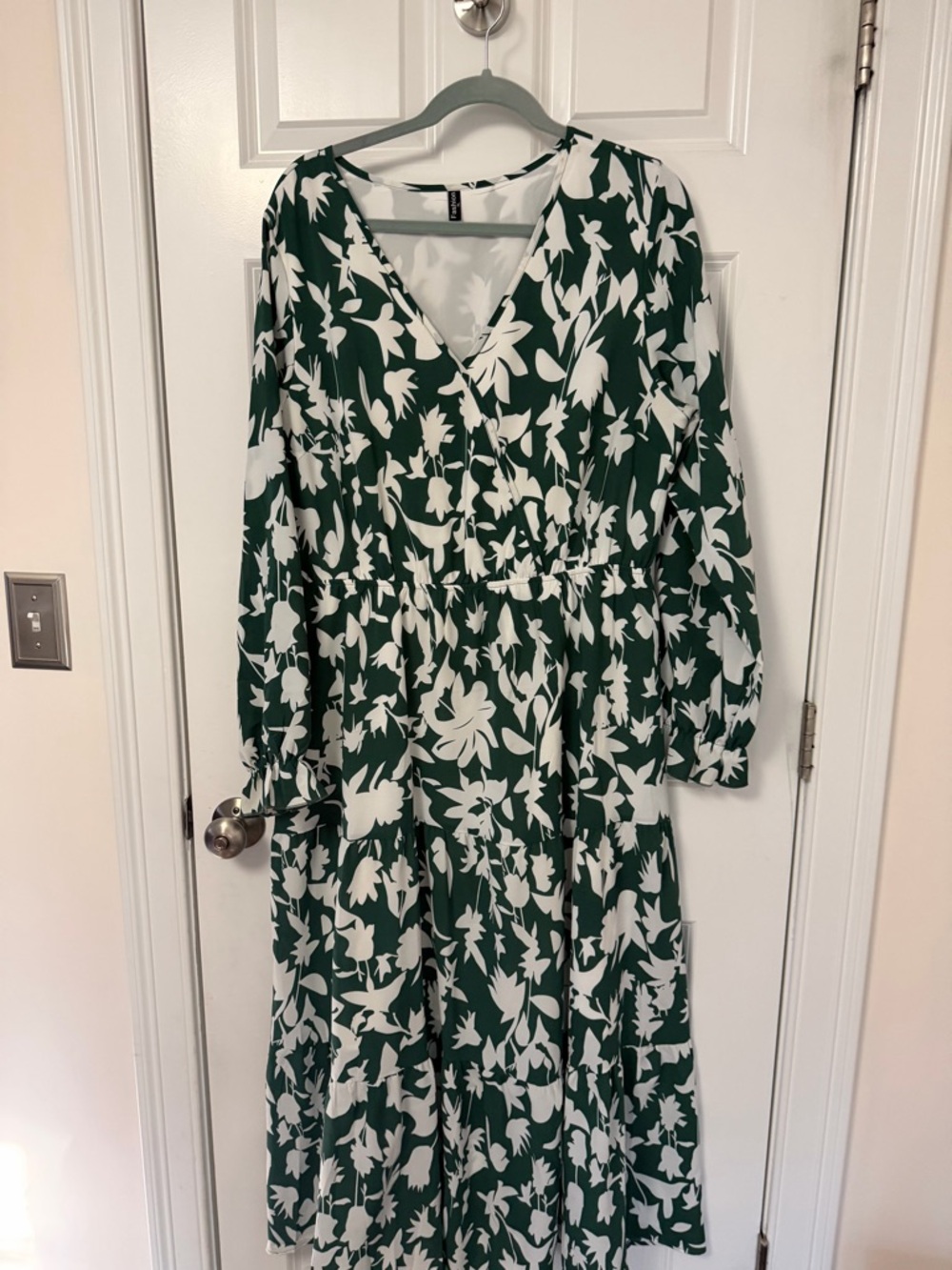 Green and White Floral Wrap Midi Dress